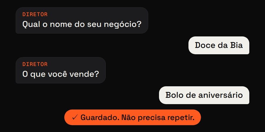 Conversa: o Diretor pergunta o nome do negócio e o que ele vende. A dona responde Doce da Bia, bolo de aniversário. Aviso: guardado, não precisa repetir.